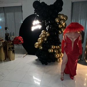 Red PROM gown with high slit